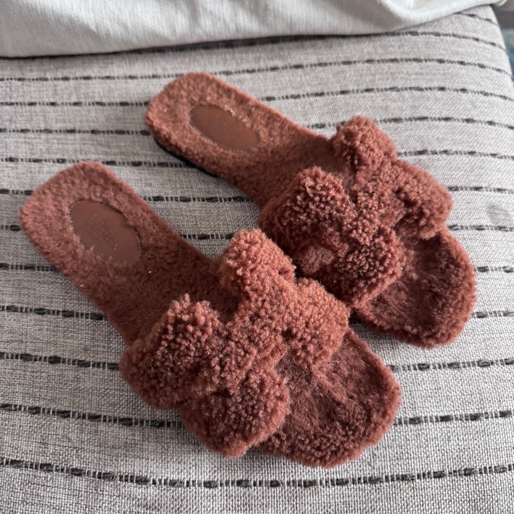 Hermes Oran 39 1/2 Sandals Teddy Shearling Slides in Brown